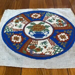 Vintage Round Floral Basket & Urn Needlepoint in Blue, Rust, & Ivory – Unframed